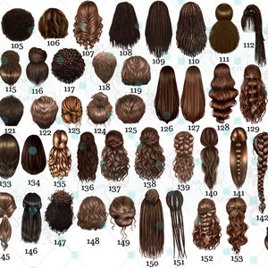Puede incluir: Un gr&aacute;fico de 154 peinados diferentes para mujeres. Los peinados se muestran desde la parte posterior y est&aacute;n numerados del 104 al 207.