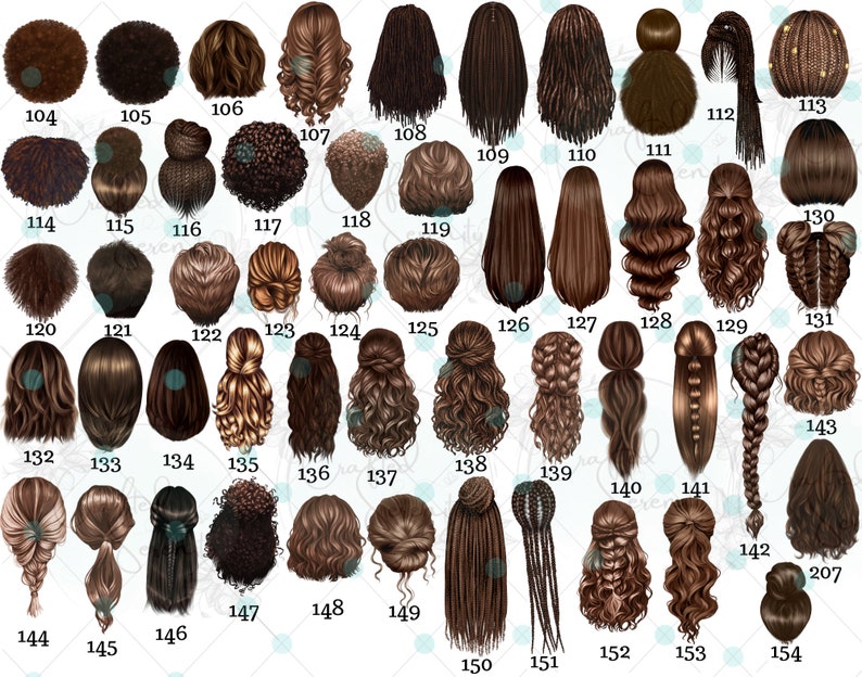 Puede incluir: Un gr&aacute;fico de 154 peinados diferentes para mujeres. Los peinados se muestran desde la parte posterior y est&aacute;n numerados del 104 al 207.