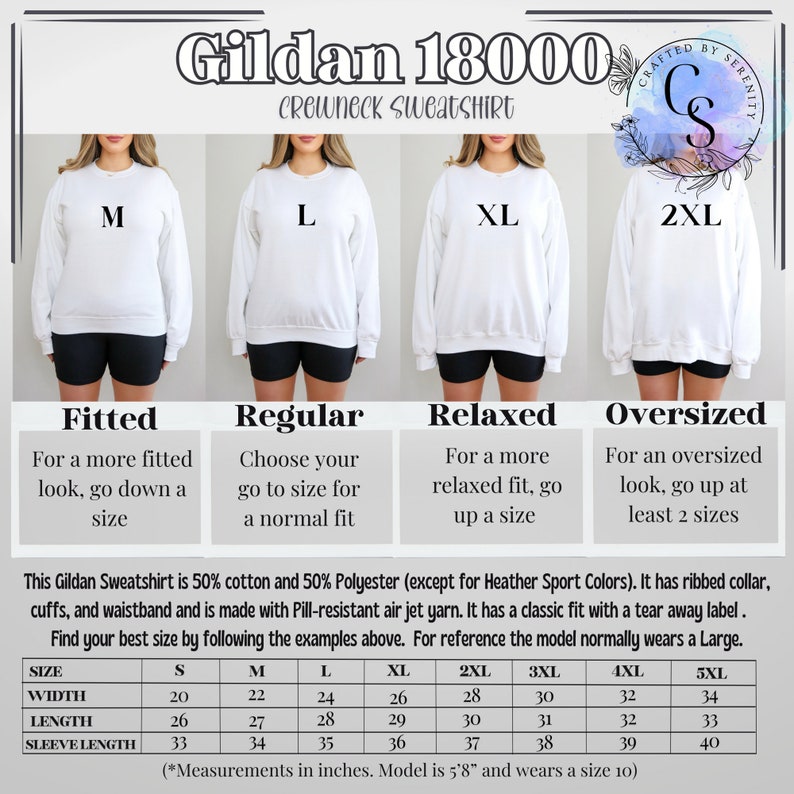 May include: White Gildan 18000 crewneck sweatshirt with size options M, L, XL, and 2XL. The image shows how the sweatshirt fits: fitted, regular, relaxed, and oversized. A size chart provides measurements in inches for sizes S to 5XL.