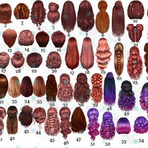 Puede incluir: Un conjunto de 55 ilustraciones digitales de diferentes peinados para mujeres. Los peinados son de varios colores, incluyendo marr&oacute;n, rojo, morado y negro. Las ilustraciones son de estilo de dibujos animados y son perfectas para usar en proyectos digitales.