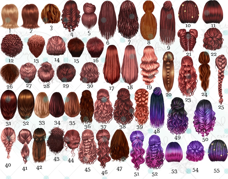 Puede incluir: Un conjunto de 55 ilustraciones digitales de diferentes peinados para mujeres. Los peinados son de varios colores, incluyendo marr&oacute;n, rojo, morado y negro. Las ilustraciones son de estilo de dibujos animados y son perfectas para usar en proyectos digitales.