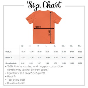 May include: An orange t-shirt with a size chart overlay. The chart displays measurements for width, length, and sleeve length in inches for sizes XS to 4XL. Additional details include fabric composition and fit.