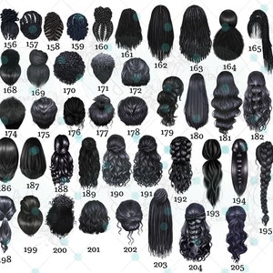 Puede incluir: Una colecci&oacute;n de 206 ilustraciones en blanco y negro de diferentes peinados para mujeres. Cada ilustraci&oacute;n est&aacute; numerada.