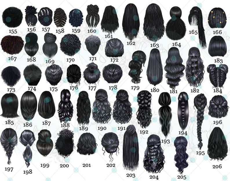 Puede incluir: Una colecci&oacute;n de 206 ilustraciones en blanco y negro de diferentes peinados para mujeres. Cada ilustraci&oacute;n est&aacute; numerada.