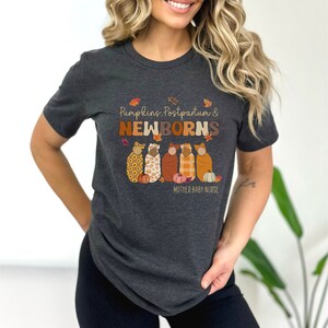 May include: Dark grey t-shirt with the text "Pumpkins, Postpartum & Newborns" in brown and orange lettering. The shirt features an illustration of five swaddled babies with pumpkins and autumn leaves. The words "Mother Baby Nurse" are below the illustration.