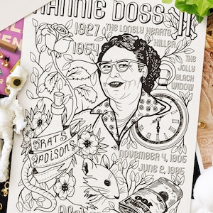 May include: Black and white line art illustration of Annie Gosser, a serial killer known as "The Lonely Hearts Killer" and "The Jolly Black Widow". The illustration includes a rose, a bottle of poison, a rat, a clock, a stack of money, and the dates November 4, 1905 and June 2, 1965.