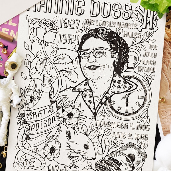 Downloadable FEMALE SERIAL KILLERS: The Scariest Serial Killers Coloring pages. Famous Murderer Nannie Doss. A True Crime Adult Gift png jpg