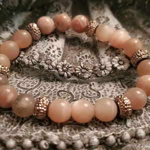 7mm Peach Moonstone and Sunstone Crystal Beaded Bracelet