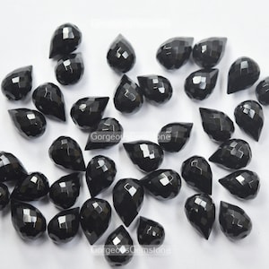 4 Beads Natural Black Onyx Back Half Drilled Faceted Drops Shape Briolette Size 8.00x12.00mm