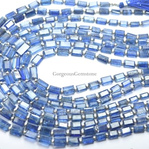 Può includere: Una collana di perle di cianite blu, ogni perla è rettangolare e sfaccettata. Le perle sono infilate su un filo d'argento.