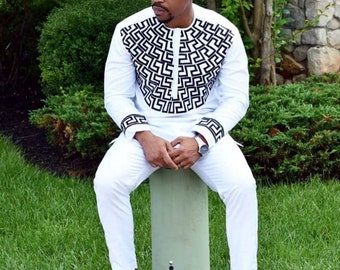 AFRICAN PROM DRESS, Mens Dress Shirt, Emma African Summer Dashiki Pant Suit For Groom, Summer Men Shirt With Matching Pant Set