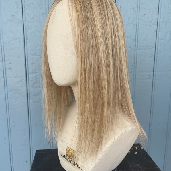 Blonde Topper 4x6” 100% Virgin Remy human hair topper, light blonde with highlights silk top, blonde topper with highlights, 14” inches