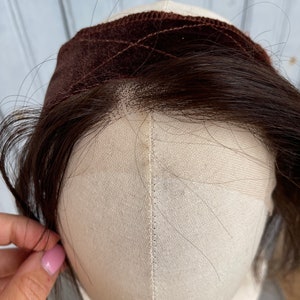 Pruikband | hoedhaar | sportkleding haar | Pruik van 100% echt haar | donkerbruin bruin 10" | vetersluiting aan de voorkant | Joodse pruik | (kleur #2)