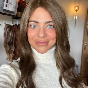 Menselijk haar Mix pruik, Kosher pruik, Sheitel, 26 inch lang, chocoladebruine pruik, krullende bruine pruik, kantpruik