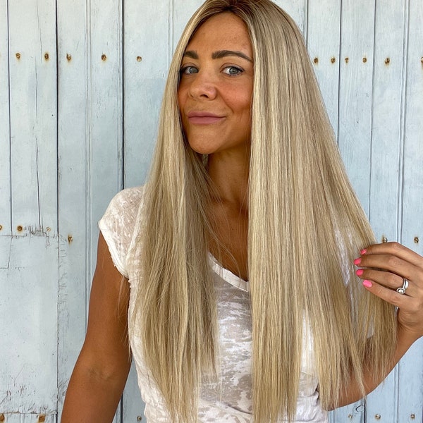 Blonde Topper 100% topper de cheveux humains, brun foncé avec dessus en soie de reflets, topper blond avec reflets, 25" pouces - 7x7"