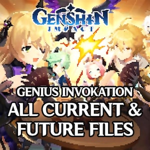 Pode incluir: Uma ilustração digital de personagens do videogame Genshin Impact. O texto "GENIUS INVOCATION ALL CURRENT & FUTURE FILES" é exibido na imagem.