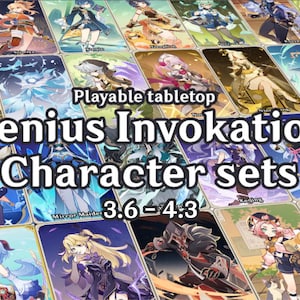Pode incluir: Uma colagem colorida de cartas de personagens do videogame Genshin Impact. As cartas apresentam vários personagens do jogo, incluindo "Genius Invocation TCG" e "3.6 = 4.3".