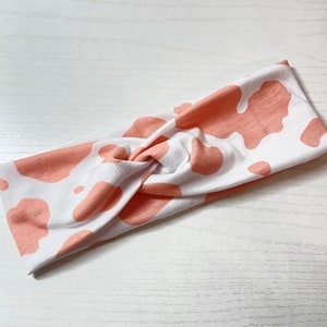 Pink cow print, twist headband, nurse headband, adult turban, headbands for women, cute headband, stretchy, chunky, boho, comfortable