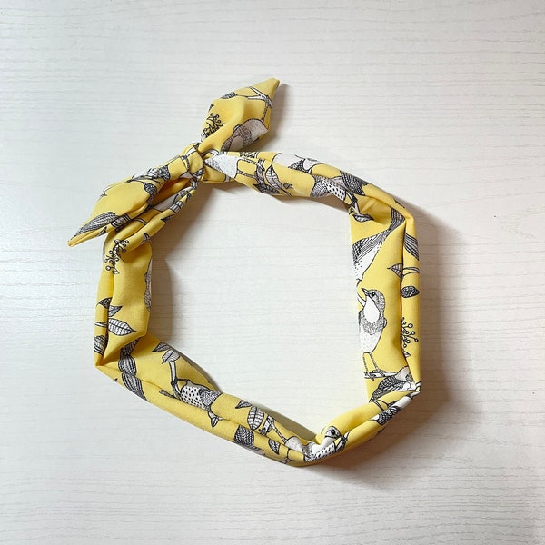 Yellow floral birds, tie on headband, nurse headband, adult turban, headbands for women, cute headband, Pin up, chunky, boho, comfortable