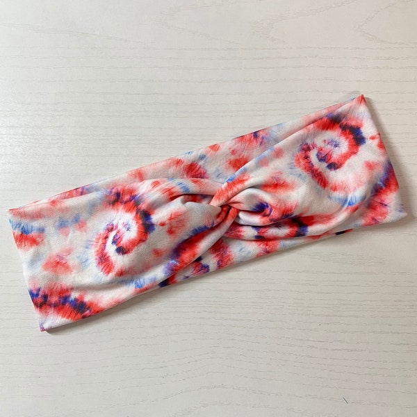 Red & Blue tie dye, twist headband, nurse headband, adult turban, headbands for women, cute headband, stretchy, chunky, boho, comfortable