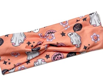 Orange spöken, Halloween, Höst, Söta mjuka, Pannband för kvinnor, stretchiga, stickade, vuxenturban, grovt, sjuksköterskepannband, Boho Vändbart