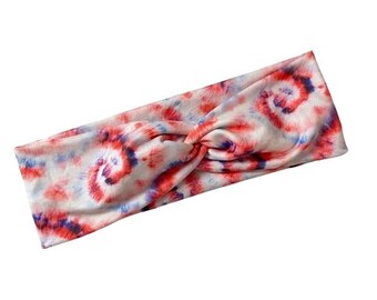 Red & Blue tie dye, twist headband, nurse headband, adult turban, headbands for women, cute headband, stretchy, chunky, boho, comfortable