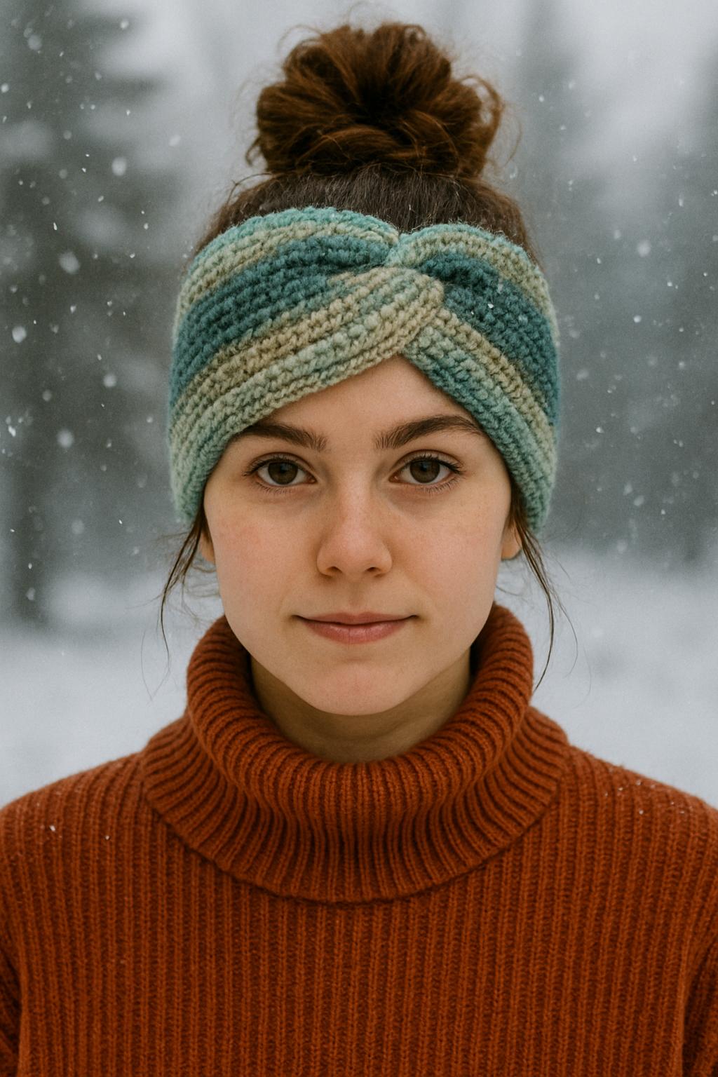 Handmade Knit Twist Headband: Chunky Blue Cream Ear Warmer 