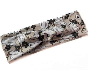 Neutral floral ghosts Halloween, Fall, Cute Soft, Headbands for women, stretchy, knit, adult turban, chunky, nurse headband, Boho Reversible