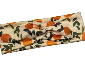 Floral Orange, boho twist headband, handmade hair accessory womens, soft stretch fabric, stylish, comfortable, all day wear, nurse, mom