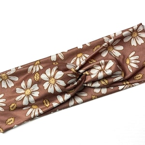 Brown Daisy floral, boho twist headband, handmade hair accessory womens, soft stretch fabric, stylish, comfortable, all day wear, nurse