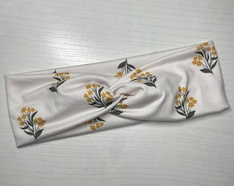 Vintage Yellow Floral, boho twist headband, handmade hair accessory womens, soft stretch fabric, stylish, comfortable, all day wear, nurse