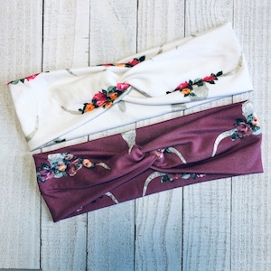 Mauve & White Floral, Pinup, Boho, Fall, Kids Chunky Sailor Knot Headband, Kids Soft and Stretchy Turban Headband, headbands for kids