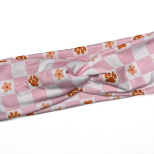 Pink checker paw prints, summer, twist headband, nurse headband, adult turban, headbands for women, cute headband, stretchy, dog mom
