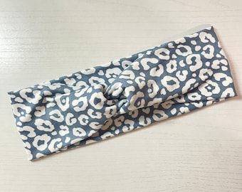 Blue leopard print, twist headband, nurse headband, adult turban, headbands for women, cute headband, stretchy, chunky, boho, comfortable