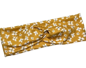 Mustard Floral, boho twist headband, handmade hair accessory womens, soft stretch fabric, stylish, comfortable, all day wear, nurse