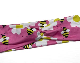 Floral Honey Bee, boho twist headband, handmade hair accessory womens, soft stretch fabric, stylish, comfortable, all day wear, nurse