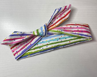 Rainbow Stripe Tie Headband, boho twist headband, handmade hair accessory womens, stylish, comfortable, all day wear, nurse