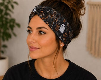 Faixa de cabelo estilo boho com estampa de cemitério fantasma, acessório de cabelo feminino feito à mão, tecido macio e elástico, estilosa, confortável, para usar o dia todo, enfermeira, mãe.