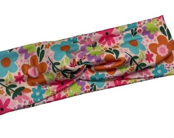 Spring vibrant floral, boho twist headband, handmade hair accessory womens, soft stretch fabric, stylish, comfortable, all day wear, nurse