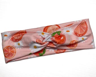 Oranges & Daisies Floral, boho twist headband, handmade hair accessory women, soft stretch fabric, stylish, comfortable, all day wear, nurse