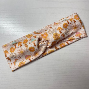 Groovy retro daisy peace, twist headband, nurse headband, adult turban, headbands for women, cute headband, stretchy, chunky, comfortable