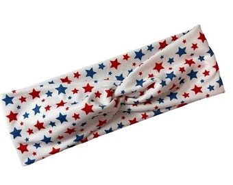 Red white & blue star, twist headband, nurse headband, adult turban, headbands for women, cute headband, stretchy, chunky, boho, comfortable