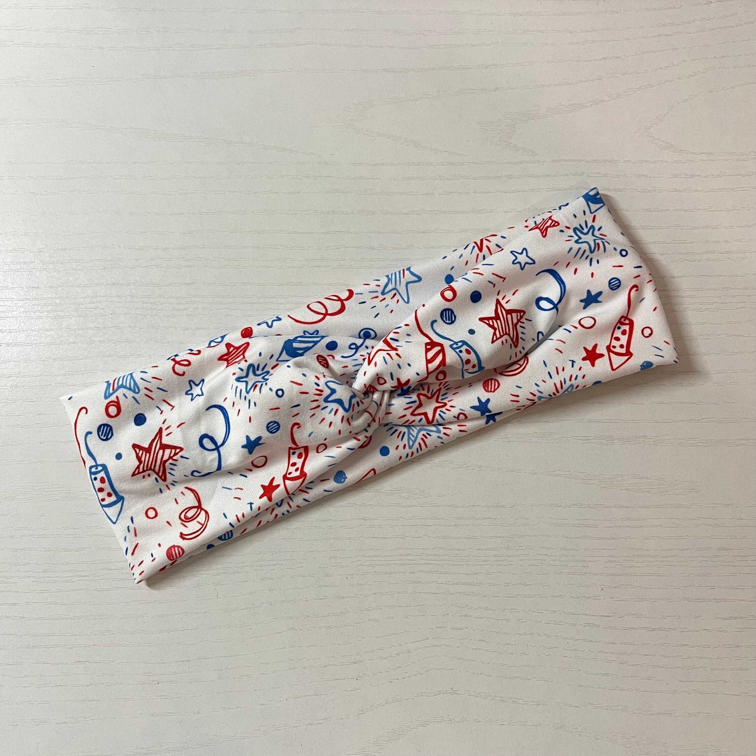 Red & Blue fireworks, twist headband, nurse headband, adult turban, headbands for women, cute headband, stretchy, chunky, boho, comfortable
