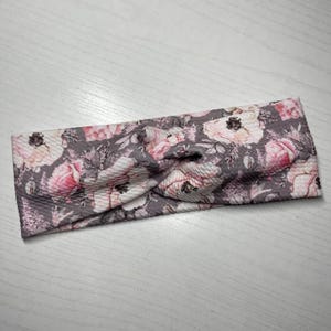 Grey & pink roses, floral, twist headband, nurse headband, adult turban, headbands for women, cute headband, stretchy, chunky, boho