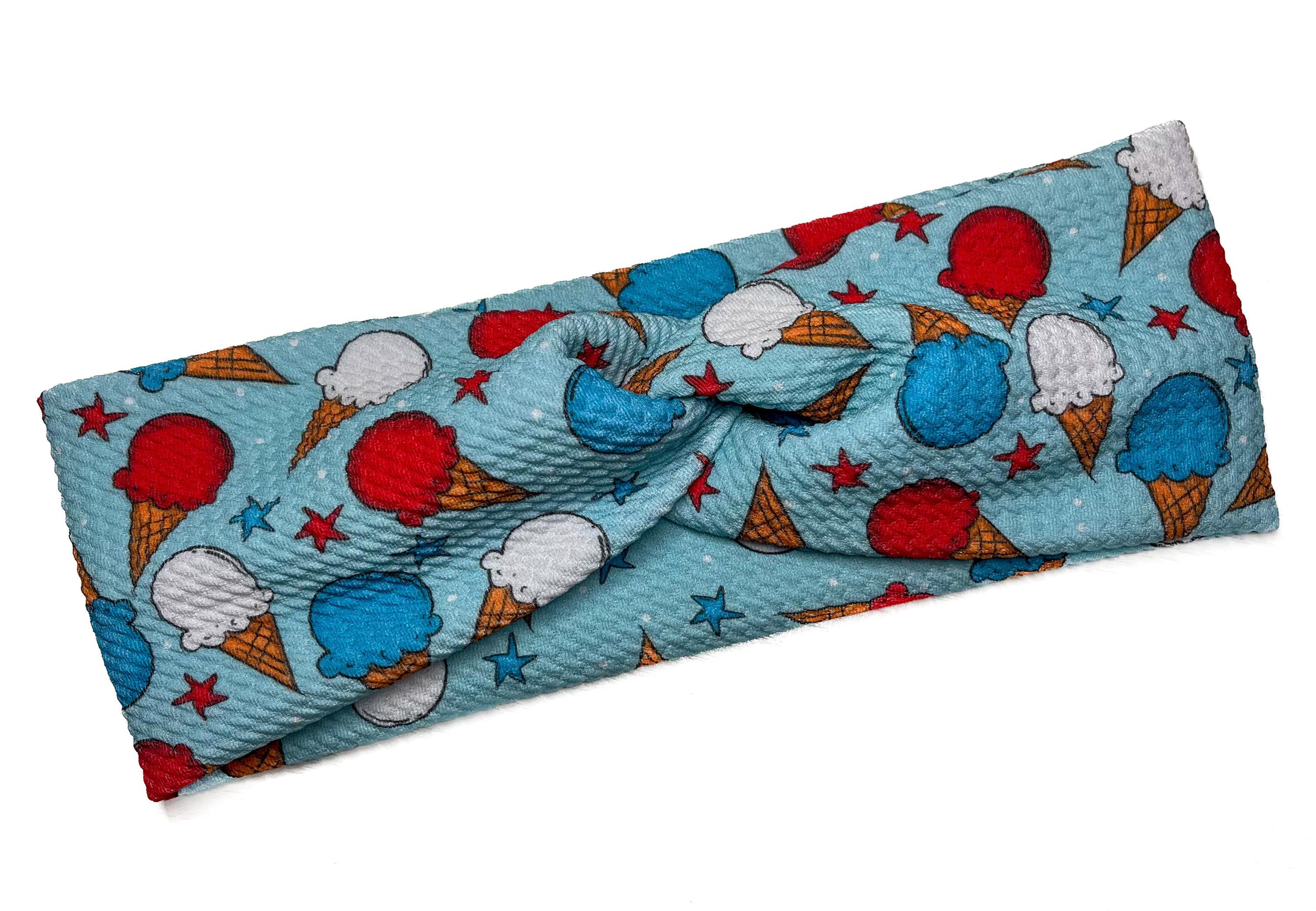 Red white blue ice cream, twist headband, nurse headband, adult turban, headbands for women, cute headband, stretchy, chunky, 4th of July