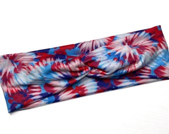 Tie dye 4th July, red white blue, twist headband, nurse headband, adult turban, headbands for women, cute headband, stretchy, chunky, boho