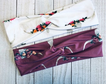Floral Longhorn, twist headband, nurse headband, adult turban, headbands for women, cute headband, stretchy, chunky, boho, comfortable