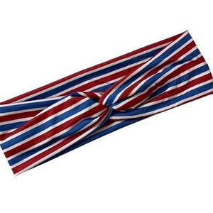 Red & Blue stripes, twist headband, nurse headband, adult turban, headbands for women, cute headband, stretchy, chunky, boho, comfortable