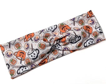 Coffee & sugar cookies, skulls, Halloween, Fall, Soft, Headbands for women, stretchy, knit, adult turban, nurse headband, Boho Reversible