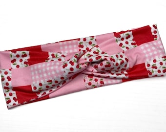Pink cherries, gingham, floral, twist headband, nurse headband, adult turban, headbands for women, cute headband, stretchy, summer, fruity